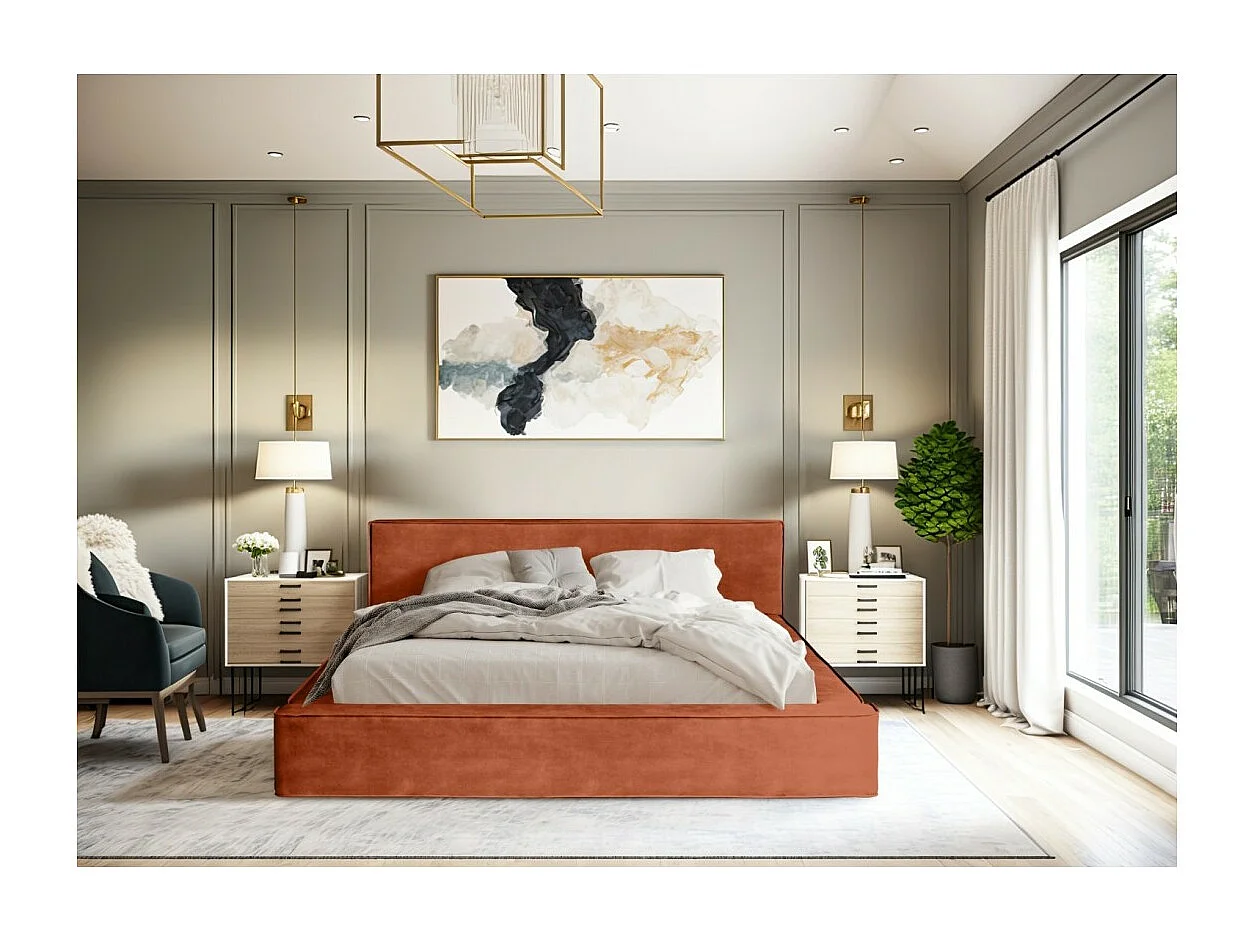 Cama baú DENALI – Terracota – 140x200 cm – Tecido veludo macio – Estrado elevatório – Armazenamento integrado
