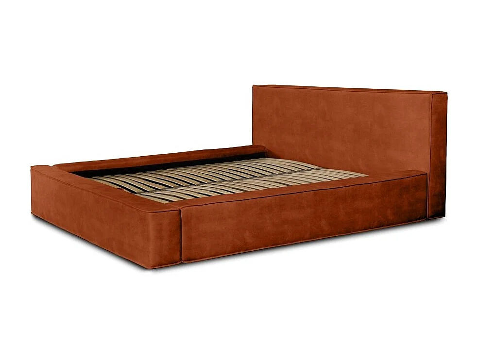 Lit coffre DENALI – Terracota – 140x200 cm – Tela de terciopelo suave – Somier elevable – Almacenamiento integrado