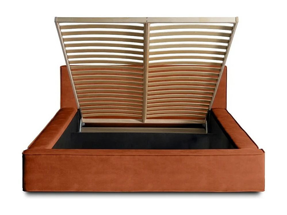 Lit coffre DENALI – Terracota – 140x200 cm – Tela de terciopelo suave – Somier elevable – Almacenamiento integrado
