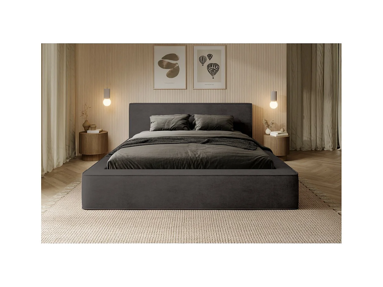 Lit coffre DENALI – Cinza antracite – 180x200 cm – Tecido de veludo macio – Estrado elevatório – Armazenamento integrado