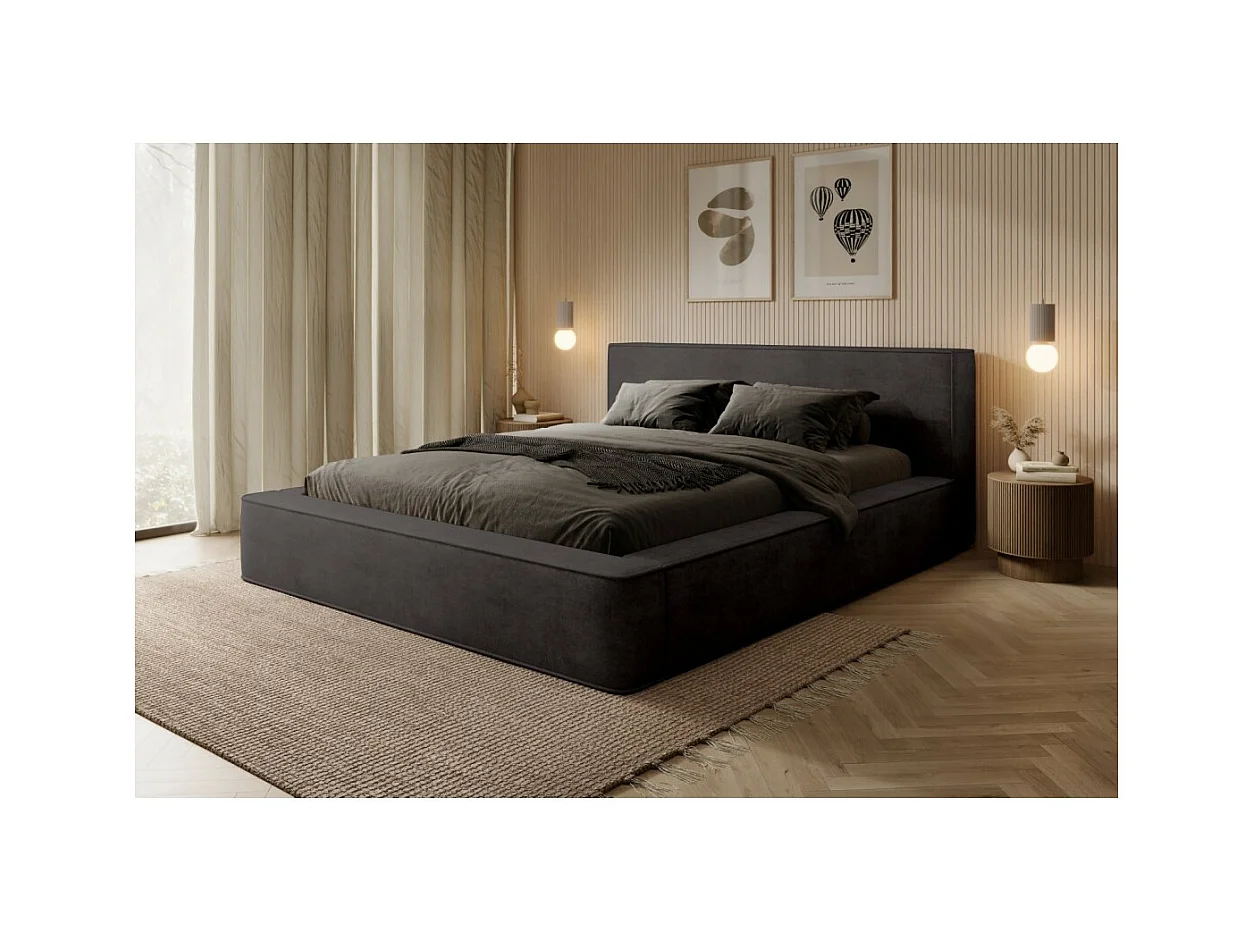Lit coffre DENALI – Cinza antracite – 180x200 cm – Tecido de veludo macio – Estrado elevatório – Armazenamento integrado