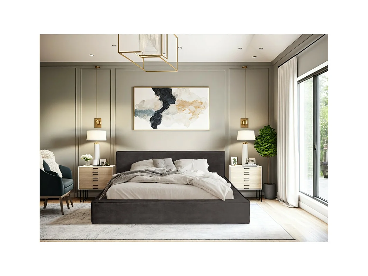 Lit coffre DENALI – Cinza antracite – 180x200 cm – Tecido de veludo macio – Estrado elevatório – Armazenamento integrado