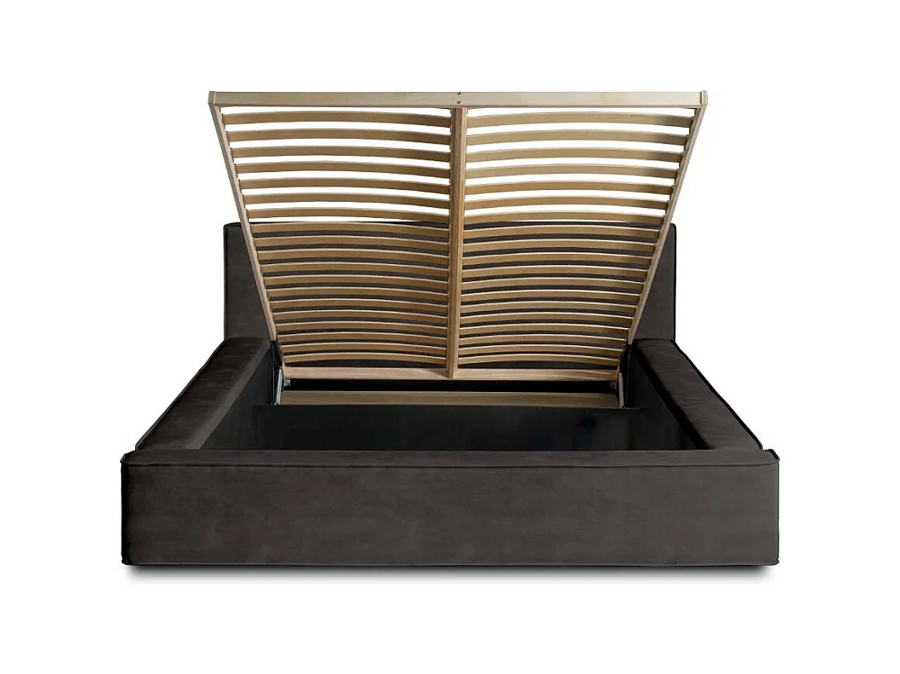 Lit coffre DENALI – Cinza antracite – 180x200 cm – Tecido de veludo macio – Estrado elevatório – Armazenamento integrado