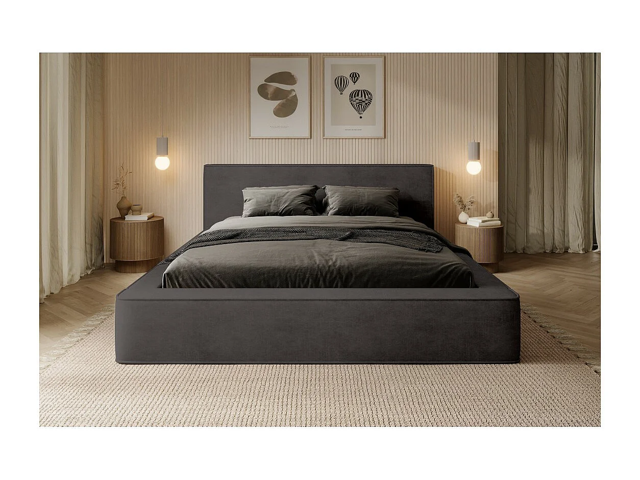 Lit coffre DENALI – Cinza antracite – 180x200 cm – Tecido de veludo macio – Estrado elevatório – Armazenamento integrado