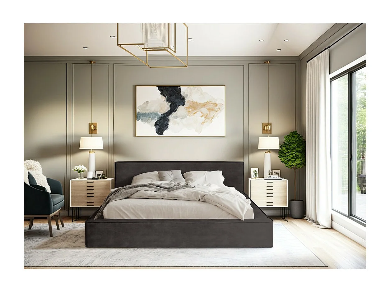 Lit coffre DENALI – Cinza antracite – 180x200 cm – Tecido de veludo macio – Estrado elevatório – Armazenamento integrado