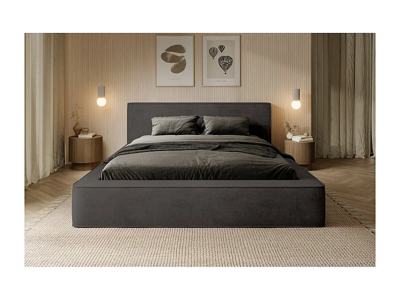 Lit coffre VELORA – Gris anthracite – 180x200 cm – Tissu velours doux – Sommier relevable – Rangement intégré