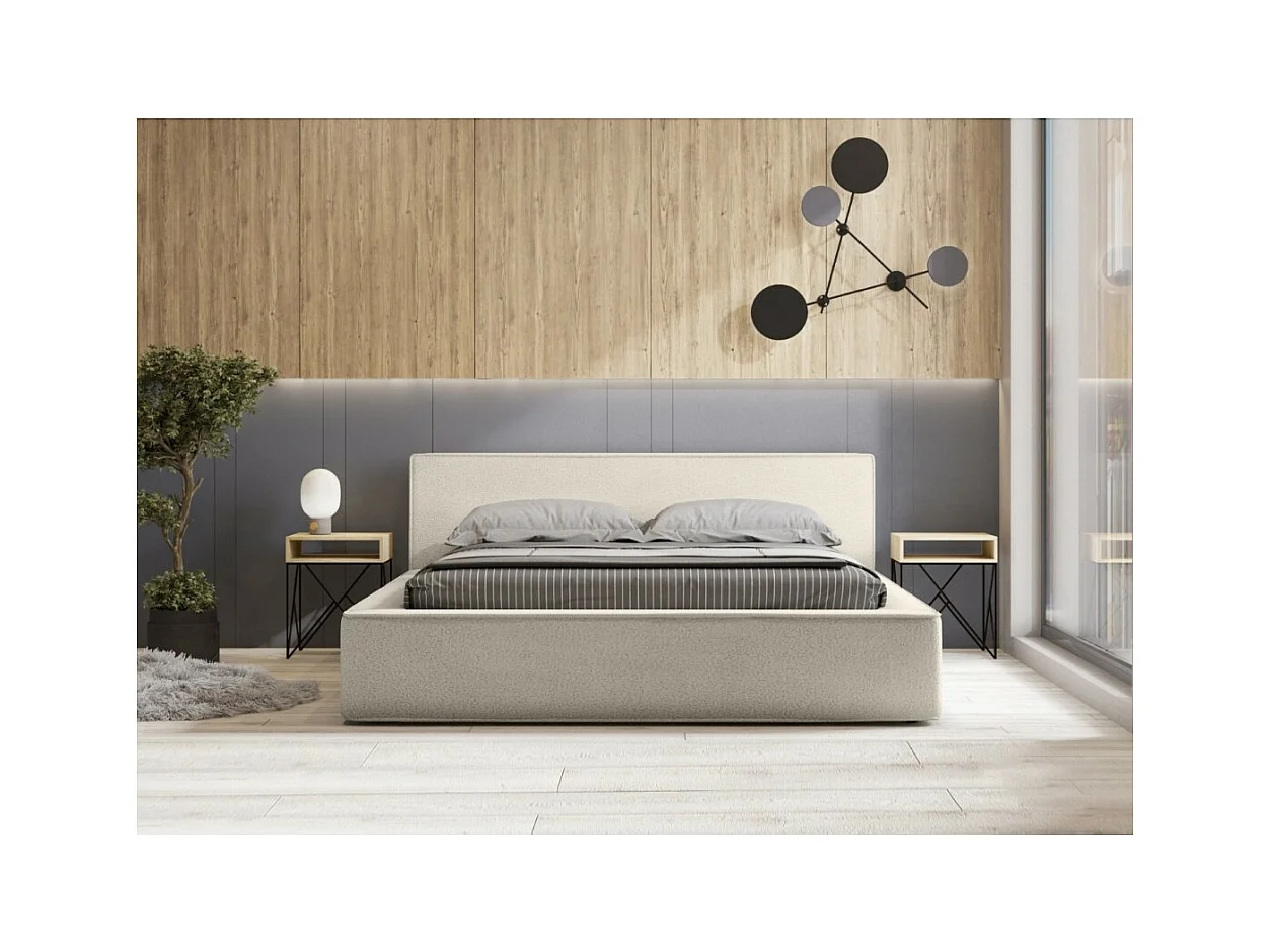 Cama con canapé DENALI – Arena rizada – 140x200 cm – Tela efecto lana – Somier elevable – Almacenamiento integrado