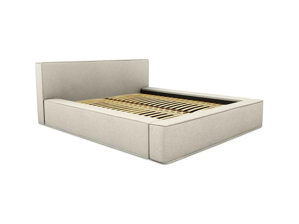 Cama con canapé DENALI – Arena rizada – 140x200 cm – Tela efecto lana – Somier elevable – Almacenamiento integrado