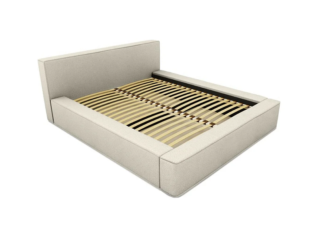 Cama con canapé DENALI – Arena rizada – 140x200 cm – Tela efecto lana – Somier elevable – Almacenamiento integrado
