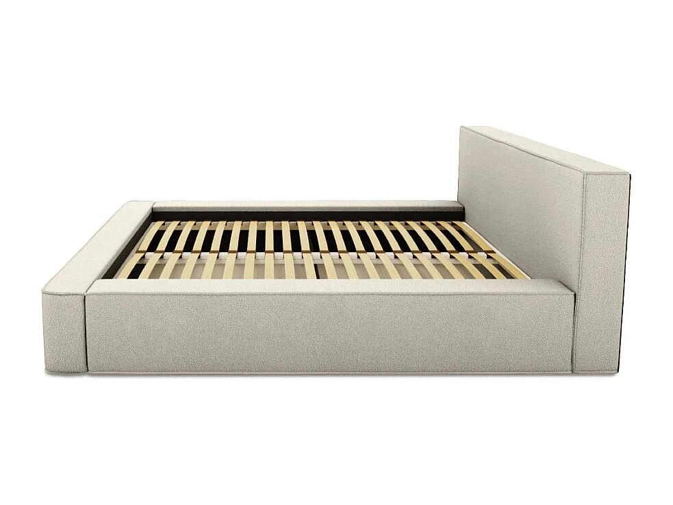 Cama con canapé DENALI – Arena rizada – 140x200 cm – Tela efecto lana – Somier elevable – Almacenamiento integrado