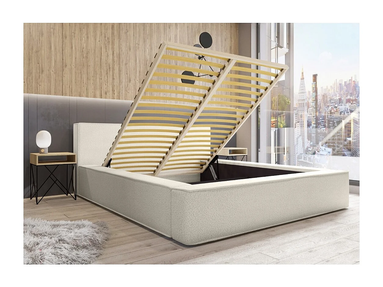 Cama con canapé DENALI – Arena rizada – 140x200 cm – Tela efecto lana – Somier elevable – Almacenamiento integrado