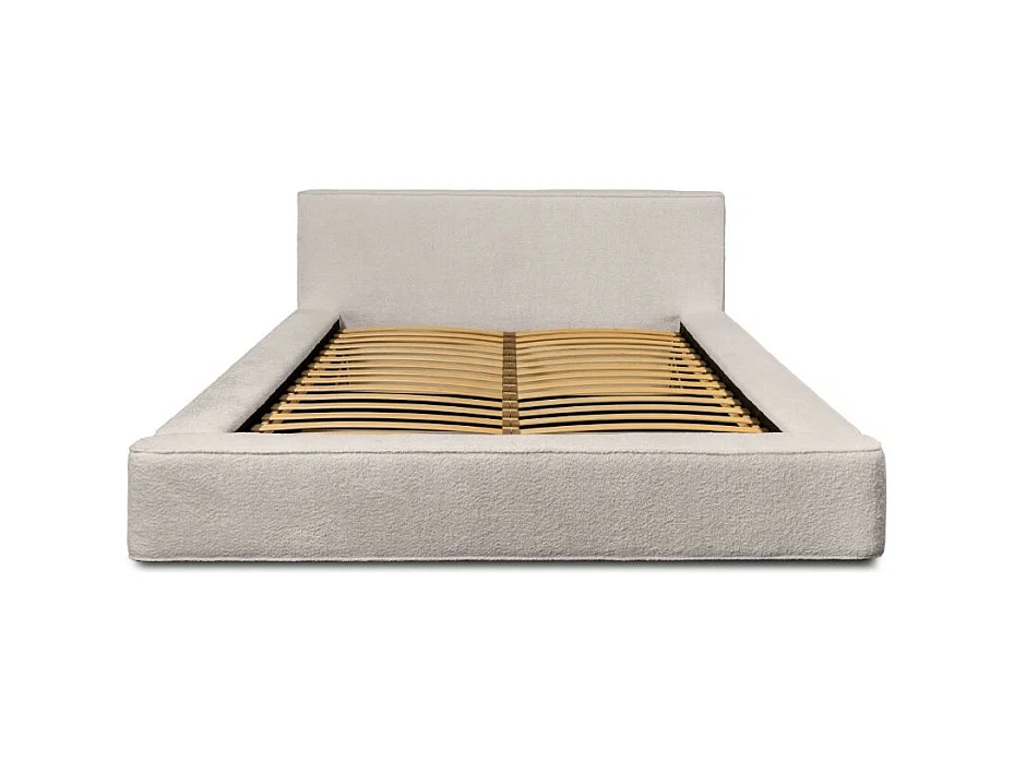 Lit coffre DENALI – Bege pó bouclé – 180x200 cm – Tecido veludo macio – Estrado elevatório – Armazenamento integrado