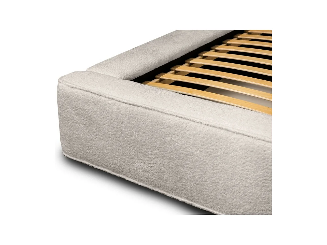 Lit coffre DENALI – Bege pó bouclé – 180x200 cm – Tecido veludo macio – Estrado elevatório – Armazenamento integrado