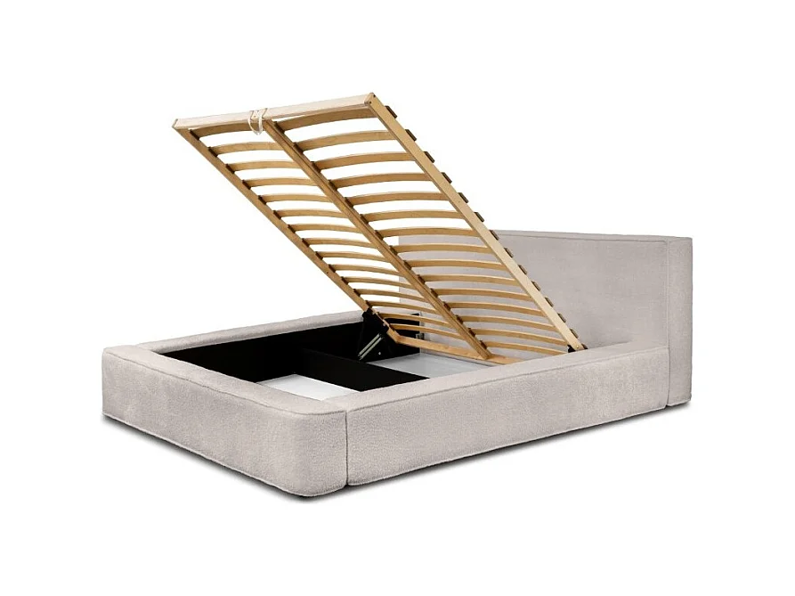 Lit coffre DENALI – Bege pó bouclé – 180x200 cm – Tecido veludo macio – Estrado elevatório – Armazenamento integrado