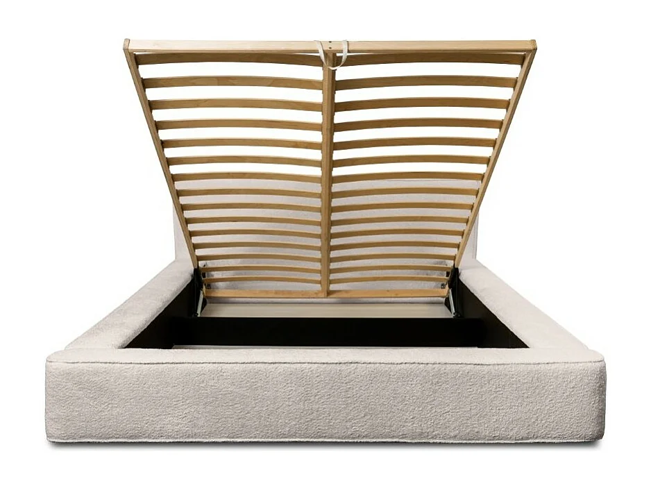 Lit coffre DENALI – Bege pó bouclé – 180x200 cm – Tecido veludo macio – Estrado elevatório – Armazenamento integrado