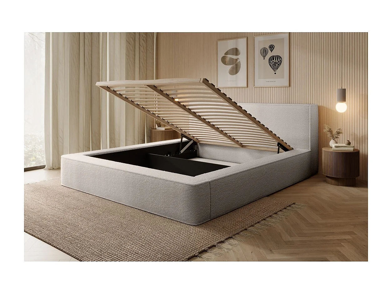 Lit coffre DENALI – Bege pó bouclé – 180x200 cm – Tecido veludo macio – Estrado elevatório – Armazenamento integrado