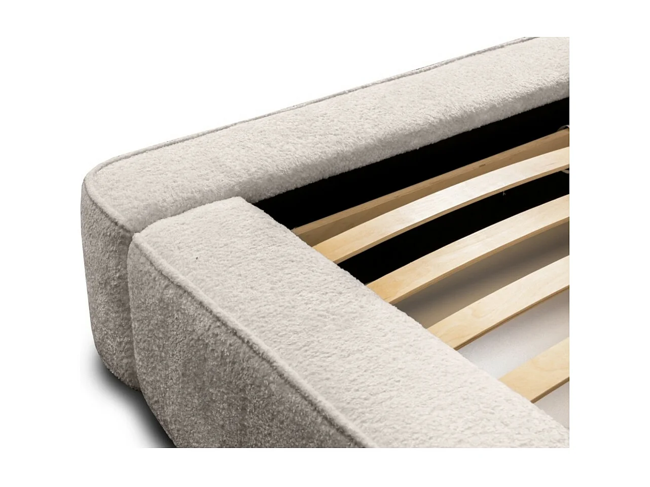 Lit coffre DENALI – Bege pó bouclé – 180x200 cm – Tecido veludo macio – Estrado elevatório – Armazenamento integrado