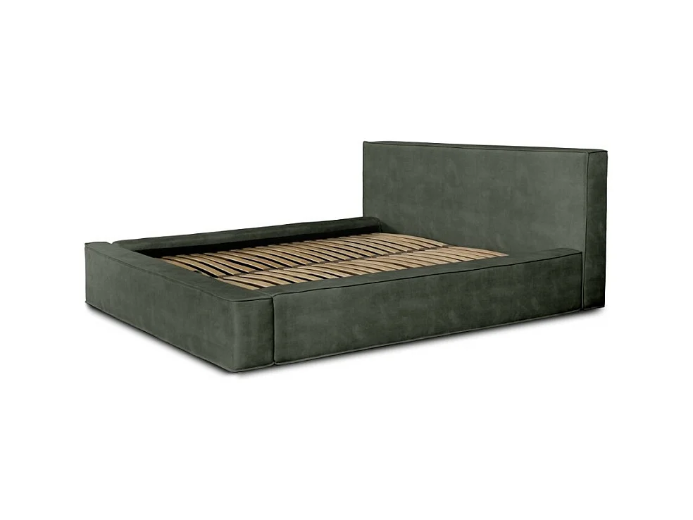 Lit coffre VELORA – Vert sapin – 180x200 cm – Tissu velours doux – Sommier relevable – Rangement intégré