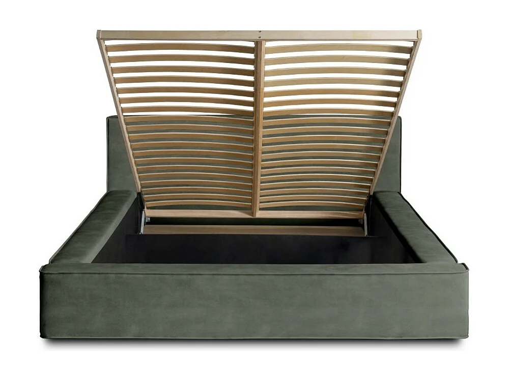 Lit coffre DENALI – Verde pinho – 180x200 cm – Tecido veludo suave – Estrado elevatório – Armazenamento integrado