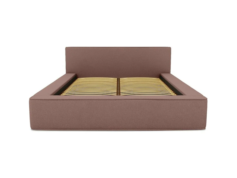 Lit coffre VELORA – Terre-cuite bouclé – 180x200 cm – Tissu velours doux – Sommier relevable – Rangement intégré