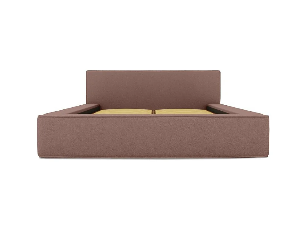 Lit coffre VELORA – Terre-cuite bouclé – 180x200 cm – Tissu velours doux – Sommier relevable – Rangement intégré