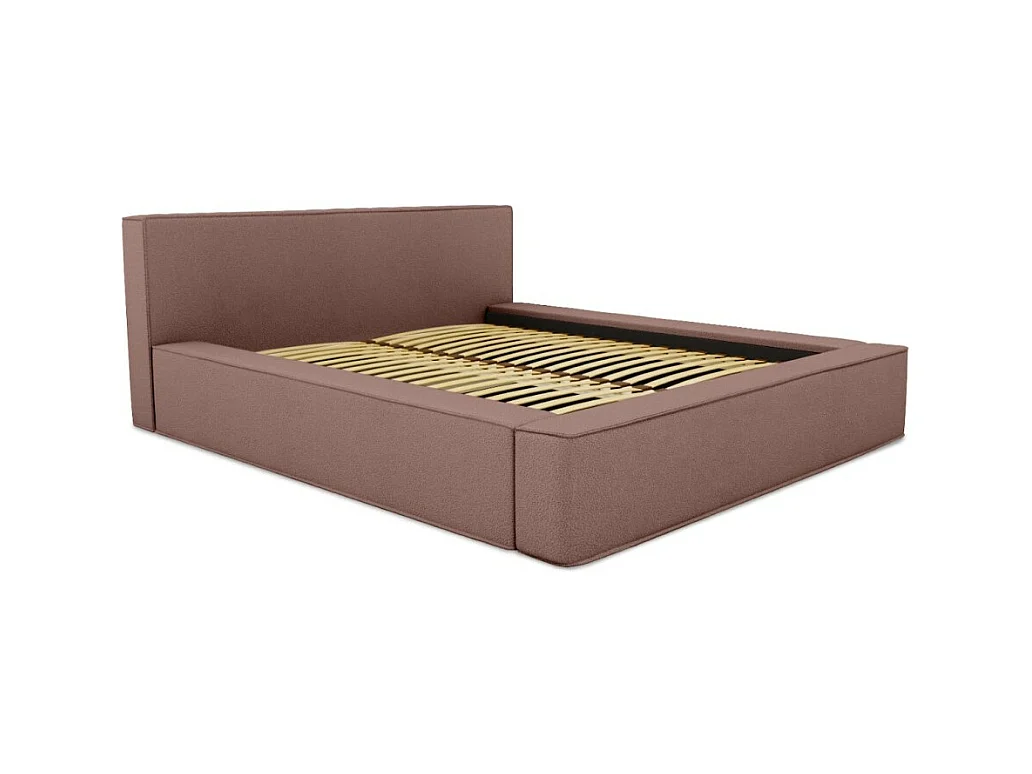 Lit coffre VELORA – Terre-cuite bouclé – 180x200 cm – Tissu velours doux – Sommier relevable – Rangement intégré