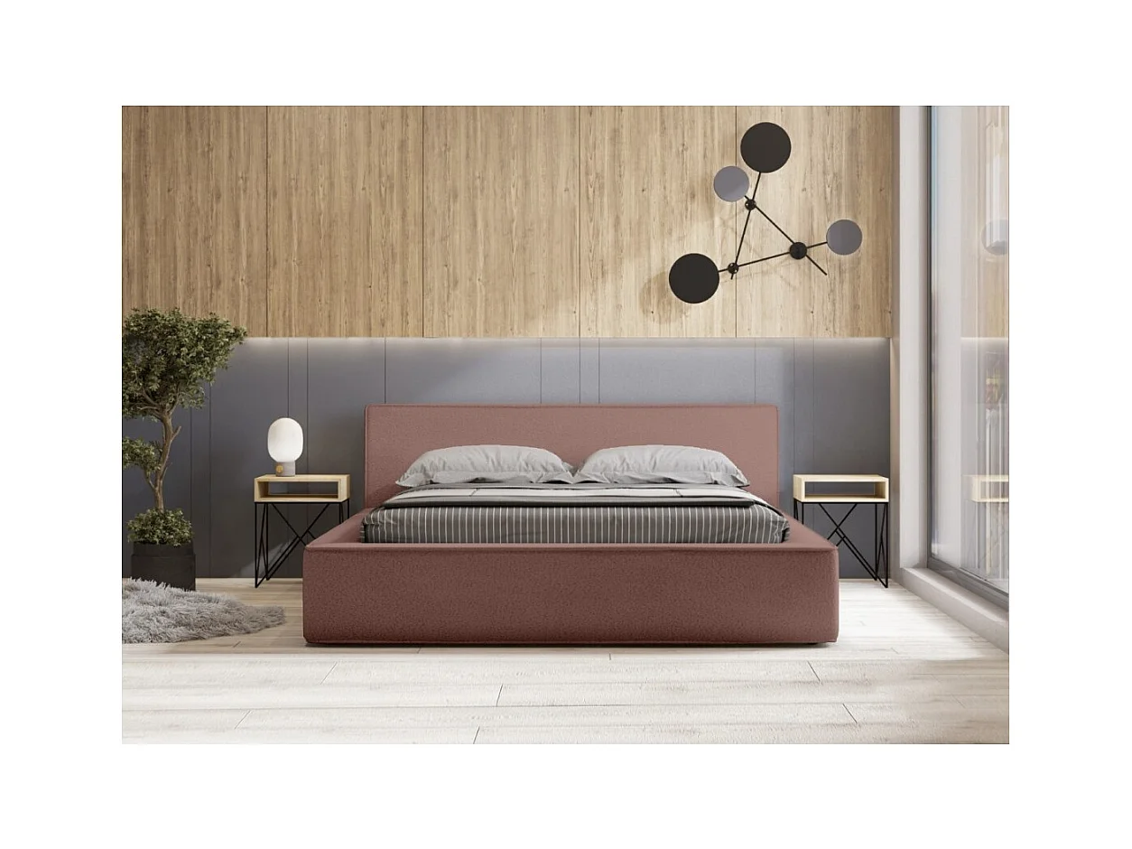Lit coffre DENALI – Terracota bouclé – 180x200 cm – Tecido veludo macio – Estrado elevatório – Armazenamento integrado