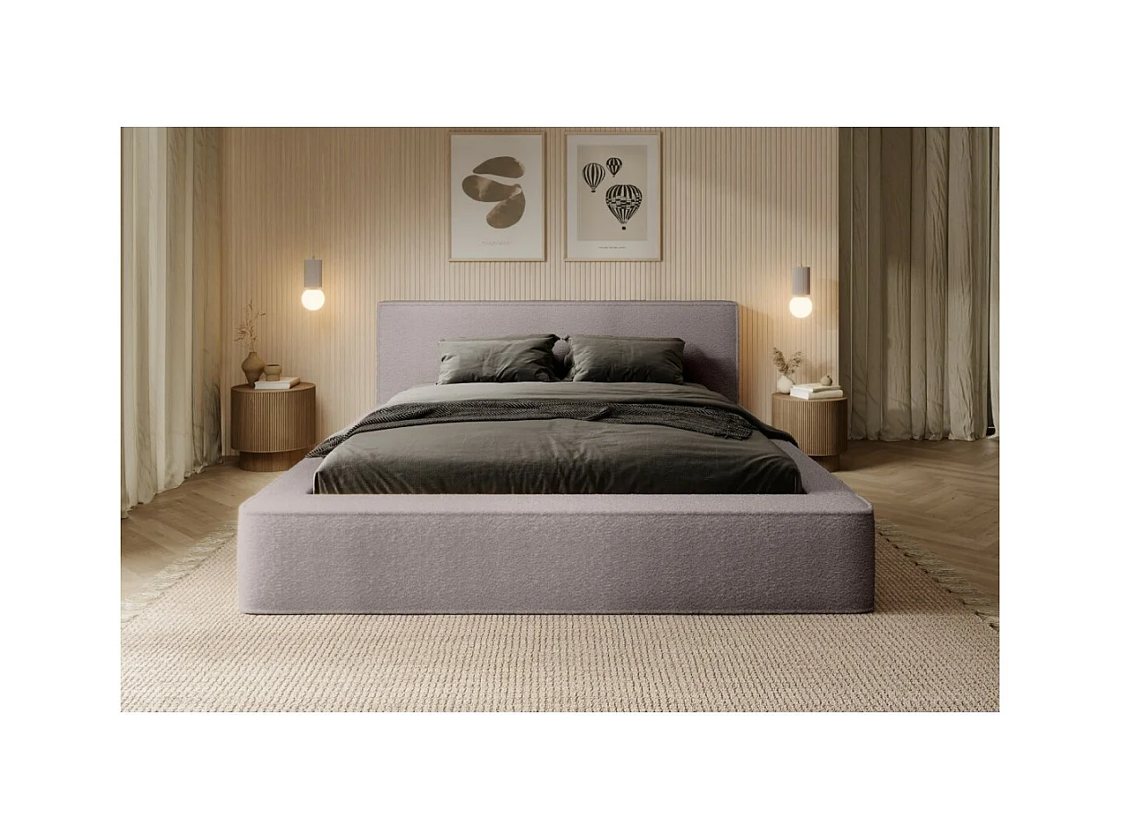 Cama con canapé DENALI – Topo rosado rizado – 160x200 cm – Tela terciopelo suave – Somier elevable – Almacenamiento integrado
