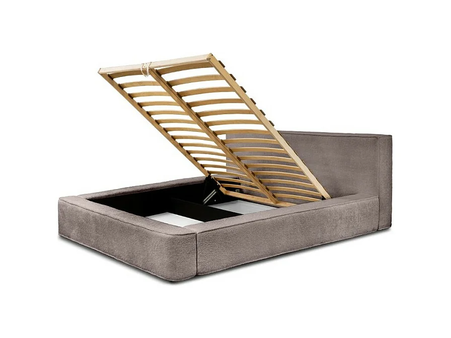 Cama con canapé DENALI – Topo rosado rizado – 160x200 cm – Tela terciopelo suave – Somier elevable – Almacenamiento integrado