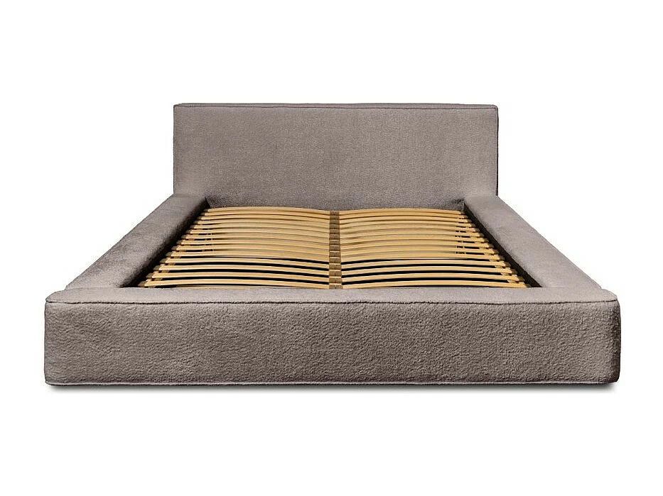 Cama com Baú DENALI – Taupe Rosado Bouclé – 160x200 cm – Tecido de Veludo Macio – Estrado Elevatório – Armazenamento Integrado