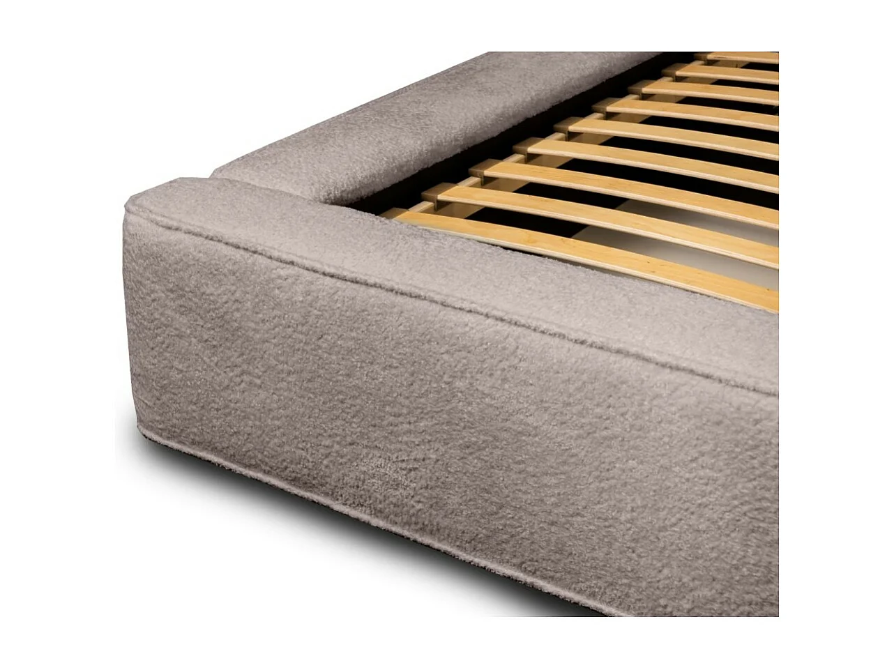 Cama com Baú DENALI – Taupe Rosado Bouclé – 160x200 cm – Tecido de Veludo Macio – Estrado Elevatório – Armazenamento Integrado