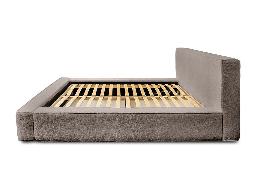 Cama com Baú DENALI – Taupe Rosado Bouclé – 160x200 cm – Tecido de Veludo Macio – Estrado Elevatório – Armazenamento Integrado