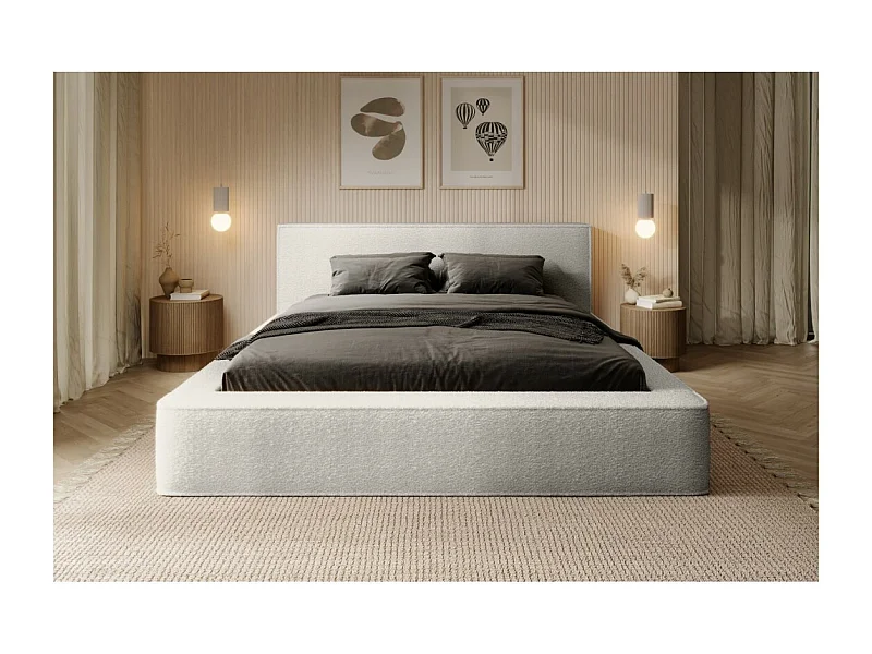 Cama con canapé DENALI – Blanco alpino rizado – 140x200 cm – Tela de terciopelo suave – Somier elevable – Almacenamiento integrado