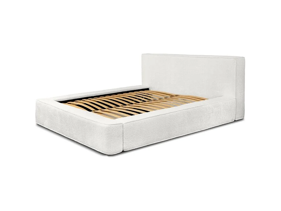 Lit coffre DENALI – Branco alpino bouclé – 140x200 cm – Tecido veludo macio – Estrado reclinável – Armazenamento integrado