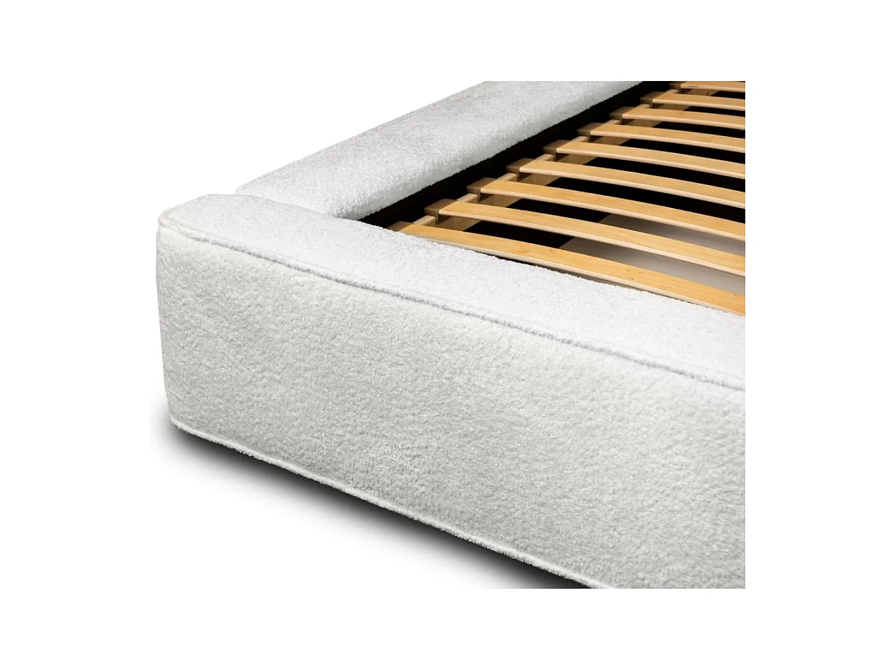 Lit coffre DENALI – Branco alpino bouclé – 140x200 cm – Tecido veludo macio – Estrado reclinável – Armazenamento integrado