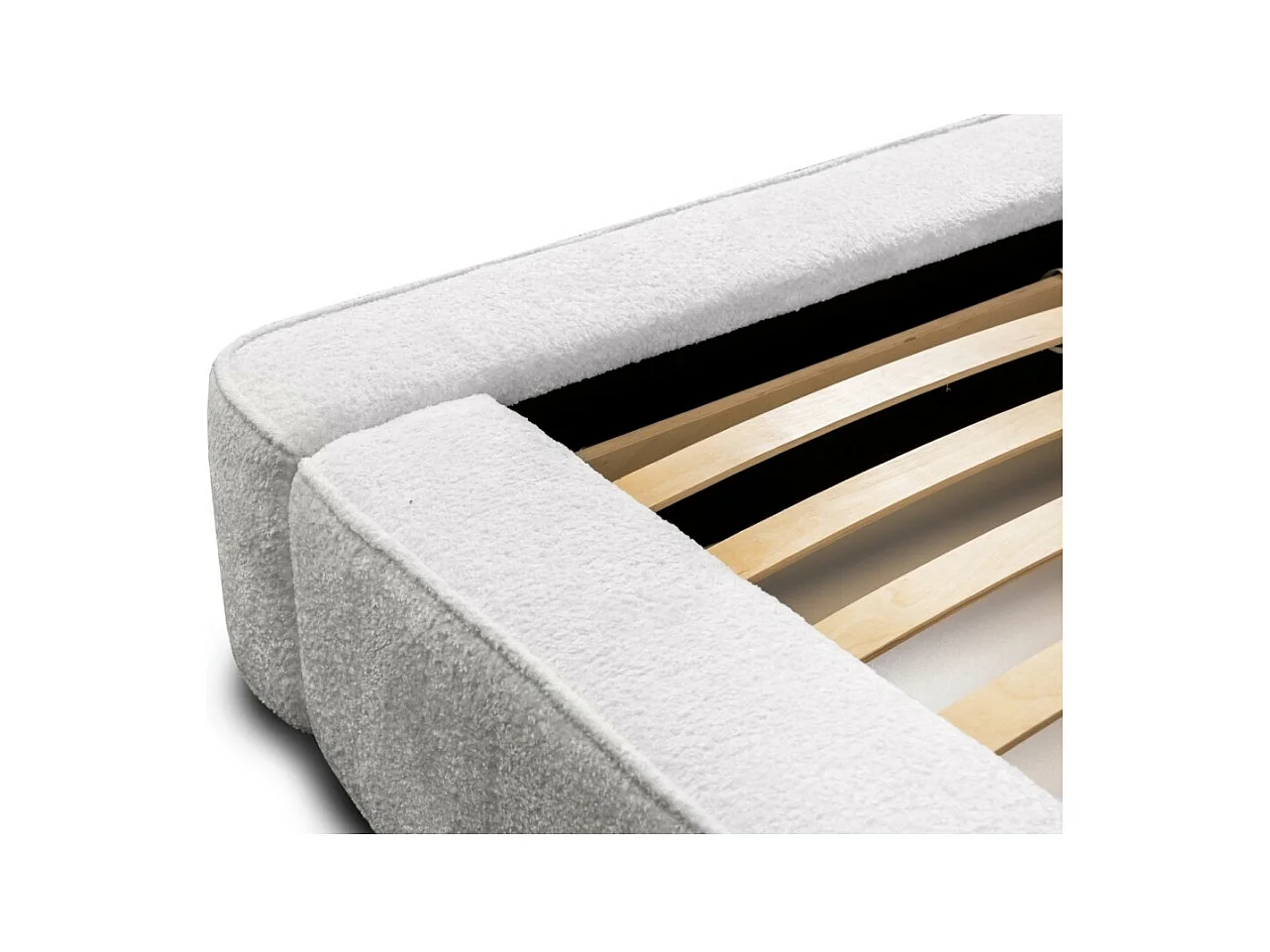 Lit coffre DENALI – Branco alpino bouclé – 140x200 cm – Tecido veludo macio – Estrado reclinável – Armazenamento integrado