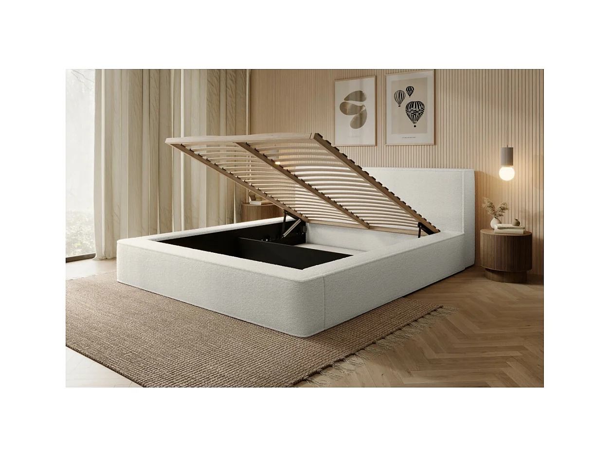 Lit coffre DENALI – Branco alpino bouclé – 140x200 cm – Tecido veludo macio – Estrado reclinável – Armazenamento integrado