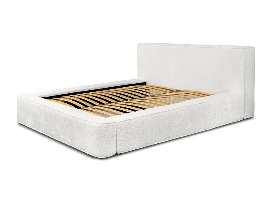 Lit coffre DENALI – Branco alpino bouclé – 140x200 cm – Tecido veludo macio – Estrado reclinável – Armazenamento integrado