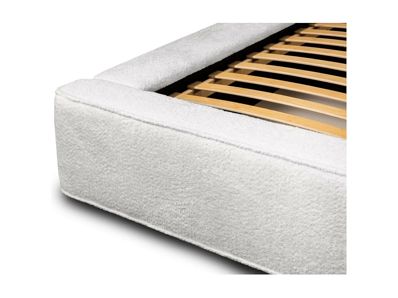 Lit coffre DENALI – Branco alpino bouclé – 140x200 cm – Tecido veludo macio – Estrado reclinável – Armazenamento integrado