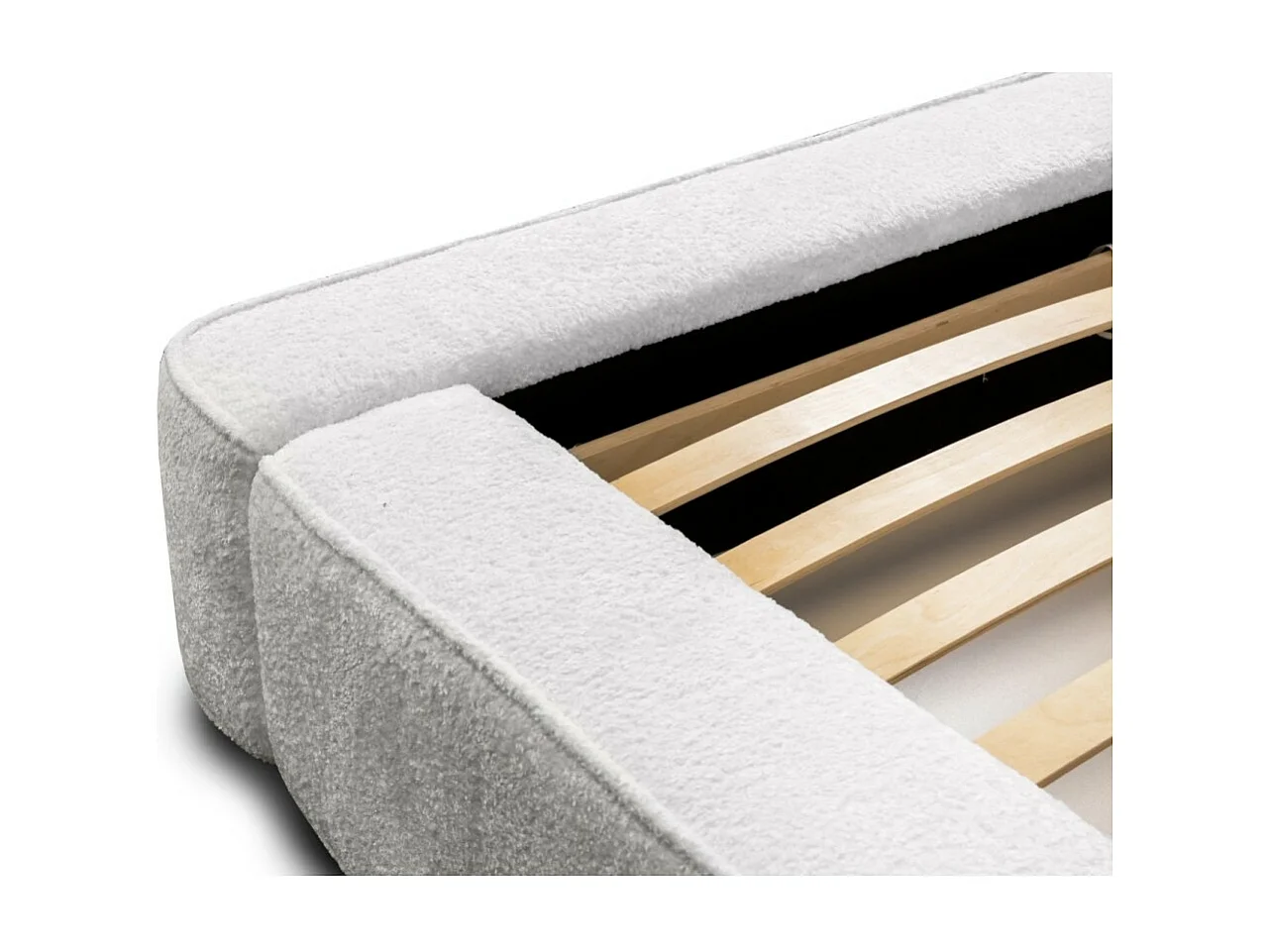 Lit coffre DENALI – Branco alpino bouclé – 140x200 cm – Tecido veludo macio – Estrado reclinável – Armazenamento integrado