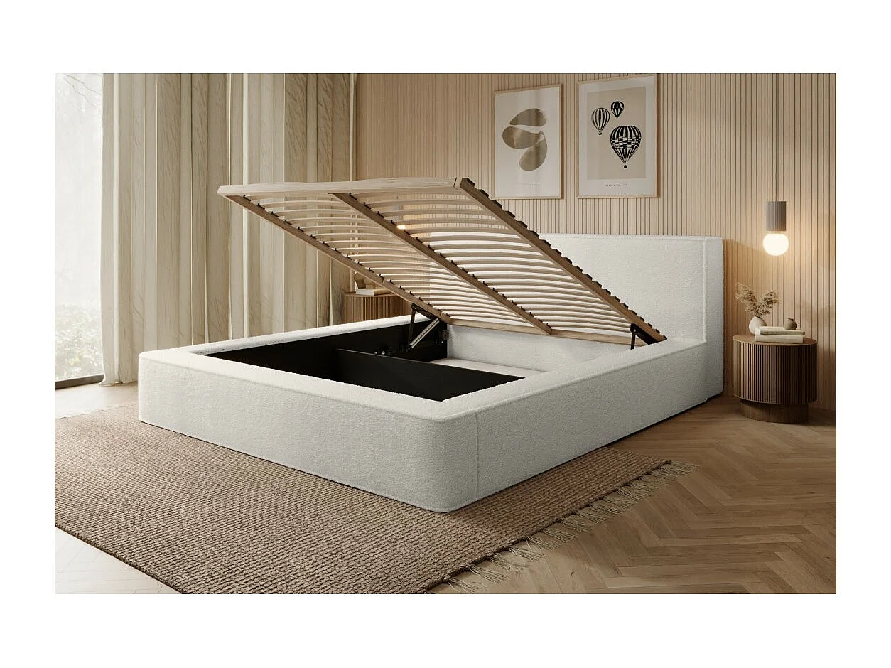 Lit coffre DENALI – Branco alpino bouclé – 140x200 cm – Tecido veludo macio – Estrado reclinável – Armazenamento integrado