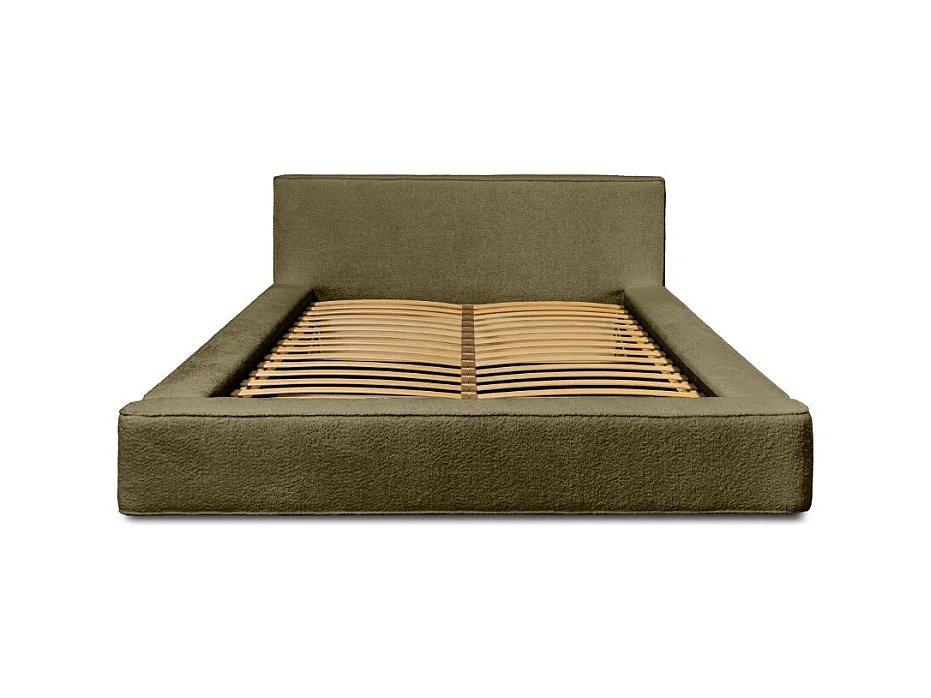 Lit coffre VELORA – Olive bouclé – 140x200 cm – Tissu velours doux – Sommier relevable – Rangement intégré