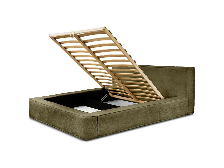Lit coffre VELORA – Olive bouclé – 140x200 cm – Tissu velours doux – Sommier relevable – Rangement intégré
