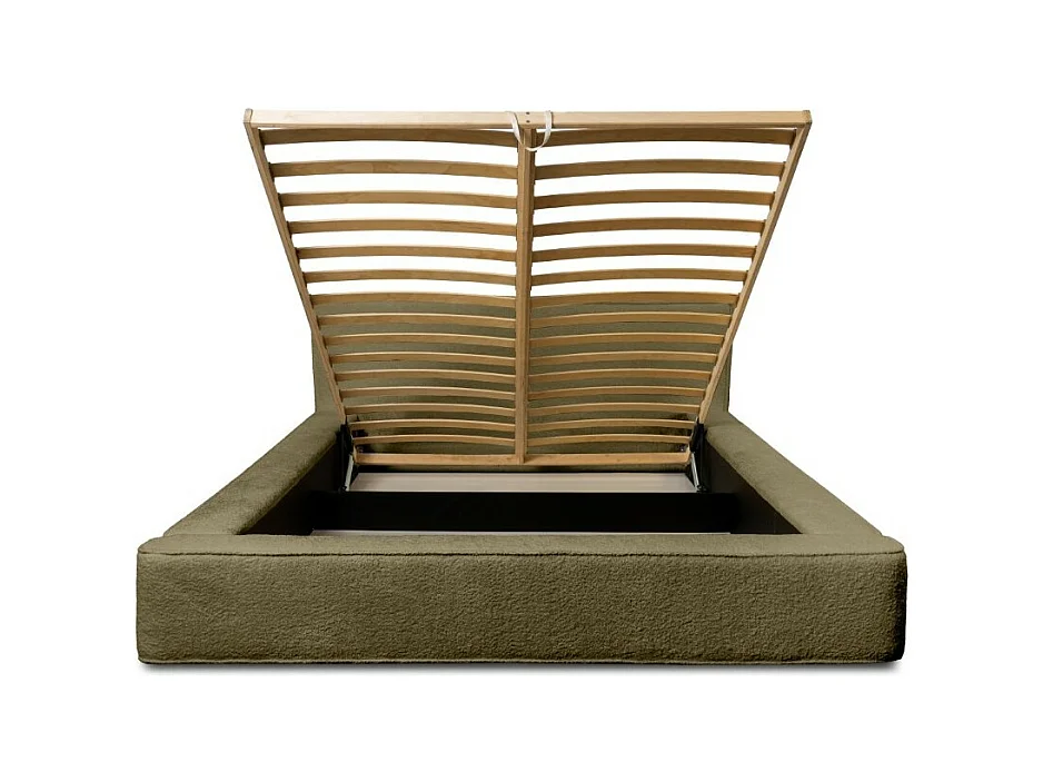 Lit coffre VELORA – Olive bouclé – 140x200 cm – Tissu velours doux – Sommier relevable – Rangement intégré