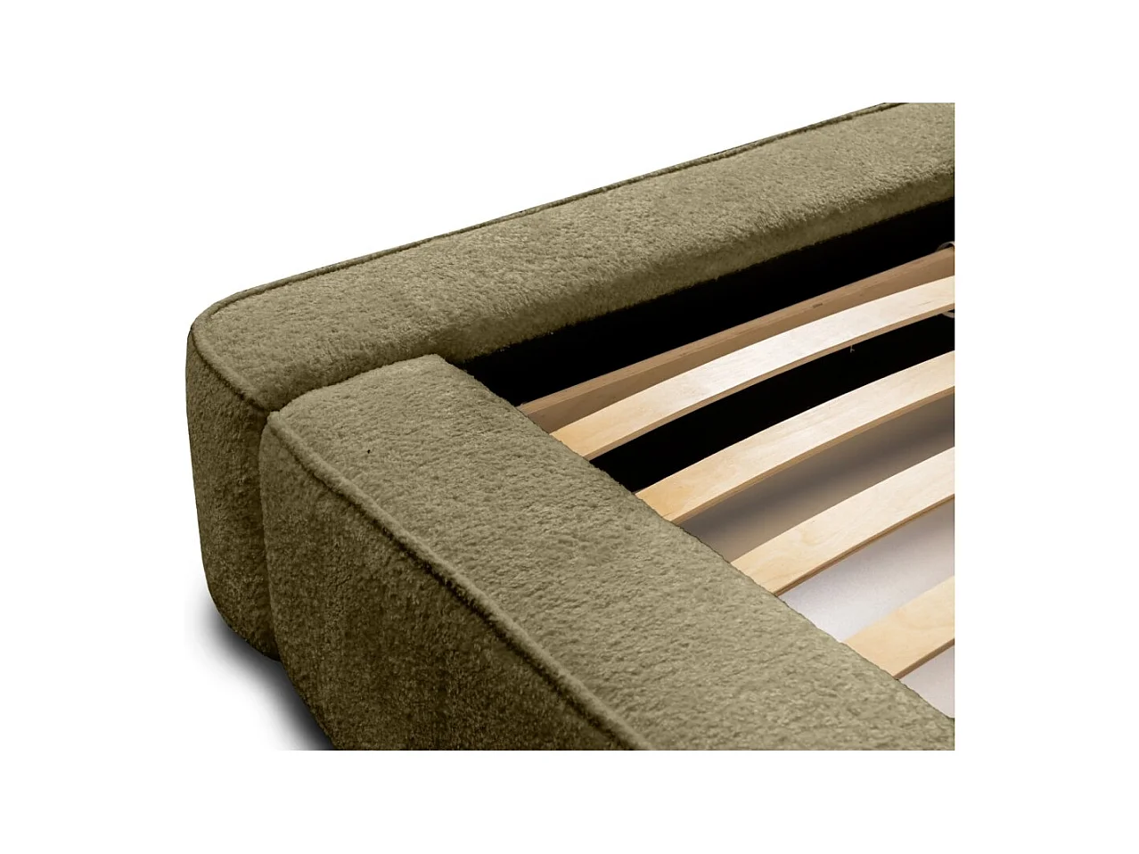 Lit coffre VELORA – Olive bouclé – 140x200 cm – Tissu velours doux – Sommier relevable – Rangement intégré