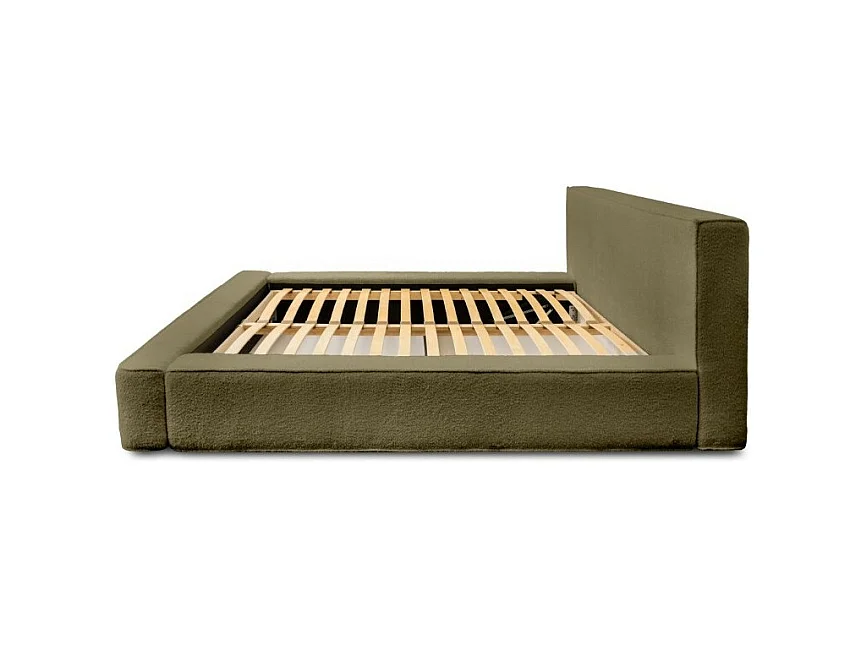 Lit coffre VELORA – Olive bouclé – 140x200 cm – Tissu velours doux – Sommier relevable – Rangement intégré