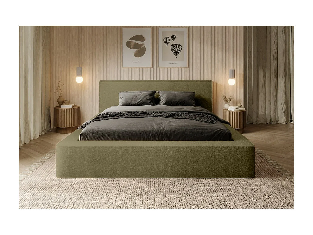 Cama baú DENALI – Olive bouclé – 140x200 cm – Tecido de veludo macio – Estrado elevatório – Armazenamento integrado