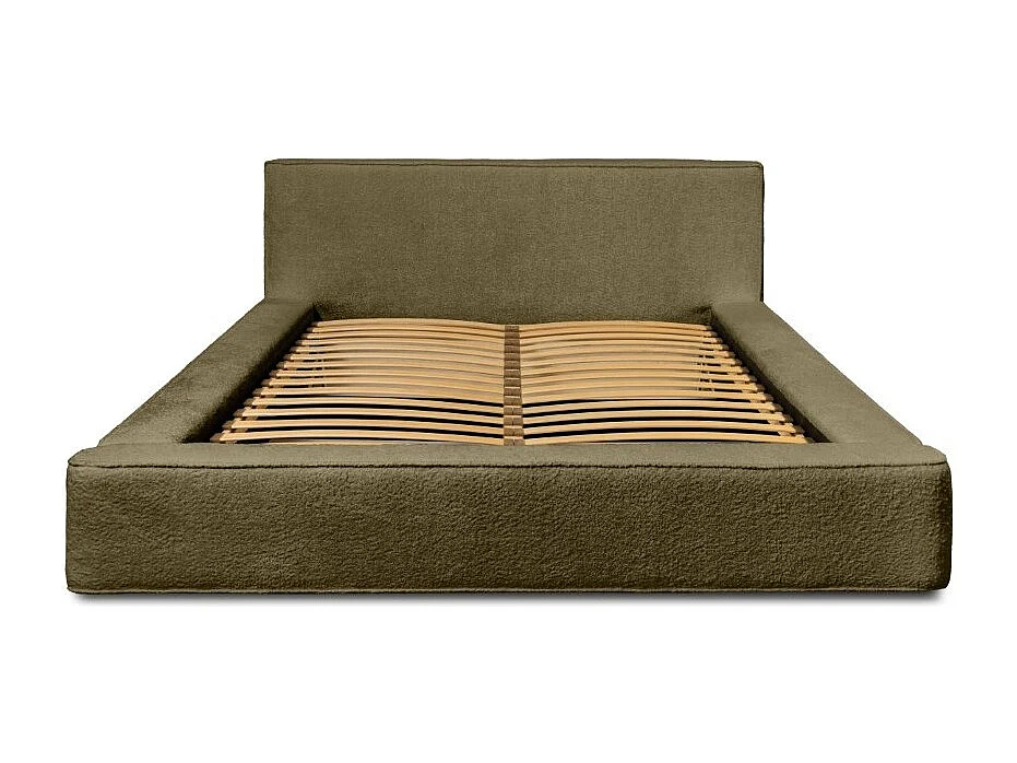 Cama baú DENALI – Olive bouclé – 140x200 cm – Tecido de veludo macio – Estrado elevatório – Armazenamento integrado