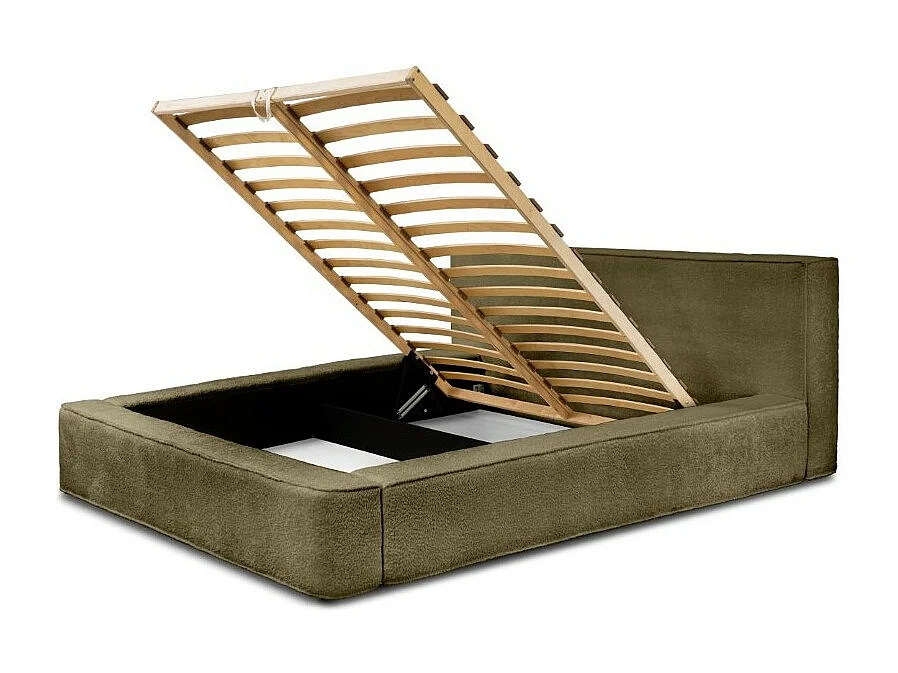 Cama baú DENALI – Olive bouclé – 140x200 cm – Tecido de veludo macio – Estrado elevatório – Armazenamento integrado