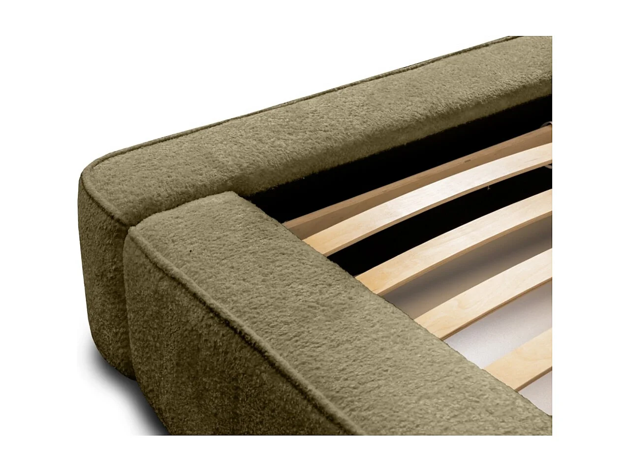 Cama baú DENALI – Olive bouclé – 140x200 cm – Tecido de veludo macio – Estrado elevatório – Armazenamento integrado